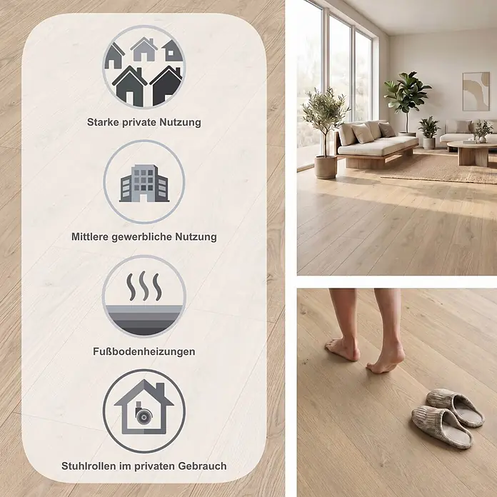 Egger Laminat NatureSense Promo - Berdal Eiche hell, Landhausdiele, 1.292 x 193 x 8 mm - Heller Holzboden für starke private/mittlere gewerbliche Nutzung, Fußbodenheizung und Stuhlrollen, abgebildet in einem Wohnzimmer.