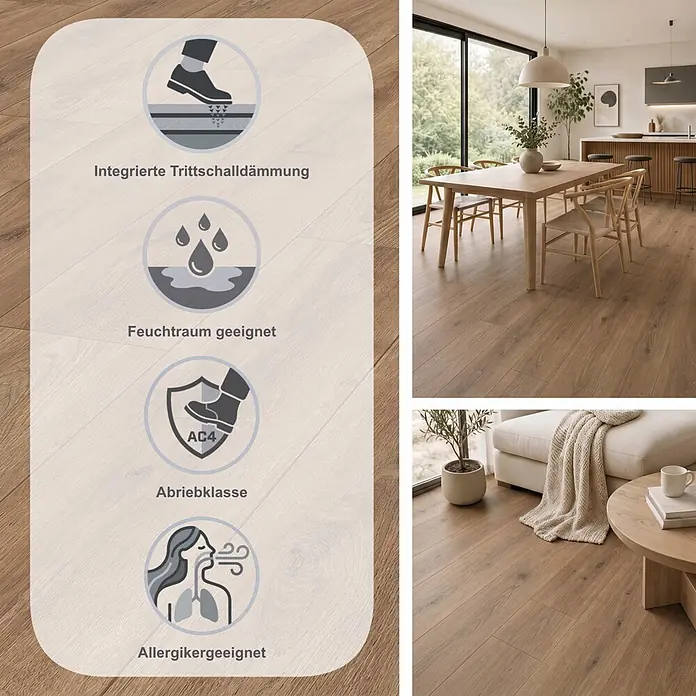 LOGOCLIC Vinto Laminat - Manhatten, Landhausdiele, 1.288 x 195 x 9 mm - Hellbrauner Laminatboden mit integrierter Trittschalldämmung, feuchtraumgeeignet, Abriebklasse AC4 und allergikerfreundlichen Eigenschaften.
