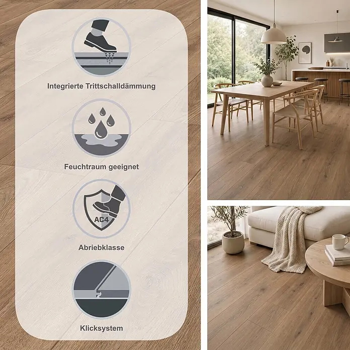 LOGOCLIC Vinto Laminat Silent - Manhatten, Landhausdiele, 1.288 x 195 x 9 mm - Hellbrauner Laminatboden mit integrierter Trittschalldämmung, feuchtraumgeeignet, Abriebklasse AC4 und allergikerfreundlichen Eigenschaften.
