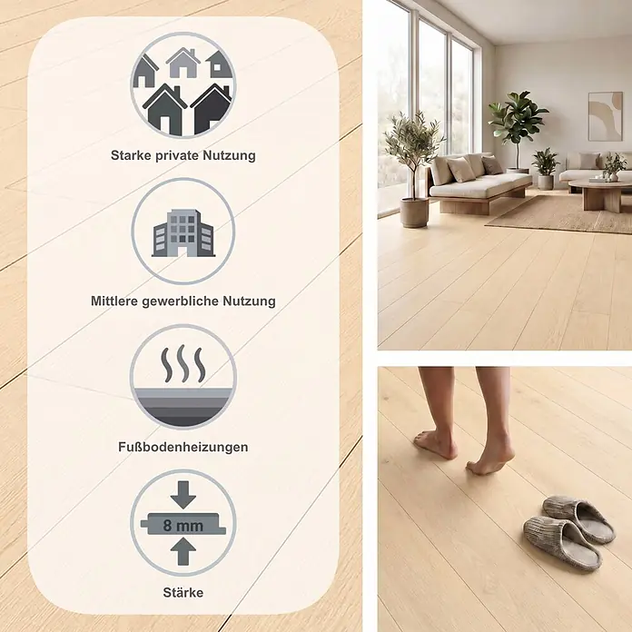 Krono Original Laminat Atlantic 8 - Cream Darcy Oak, Landhausdiele, 1.288 x 195 x 8 mm - Heller Eichenlaminatboden im Wohnzimmer, 8mm stark, für starke private und mittlere gewerbliche Nutzung, geeignet für Fußbodenheizung.