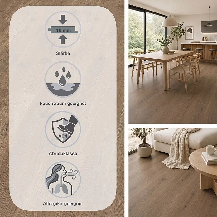 Egger Laminat NatureSense Aqua - Olchon Eiche rauch, Landhausdiele, 1.292 x 193 x 10 mm - Brauner Holzboden-Look, 10mm dick, Abrieb AC4, feuchtraum- & allergikergeeignet. In modernem Zuhause gezeigt.