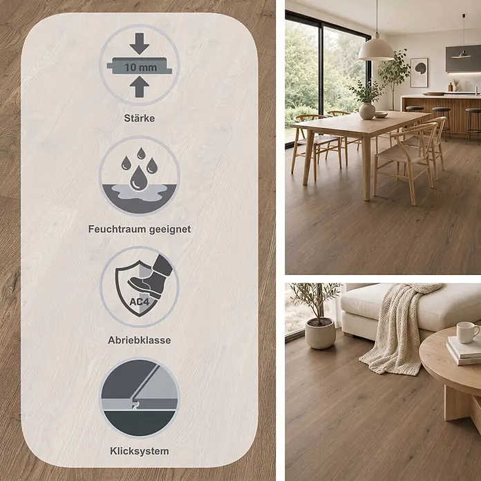 Egger Laminat NatureSense Aqua - Olchon Eiche rauch, Landhausdiele, 1.292 x 193 x 10 mm - Brauner Holzboden-Look, 10mm dick, Abrieb AC4, feuchtraum- & allergikergeeignet. In modernem Zuhause gezeigt.