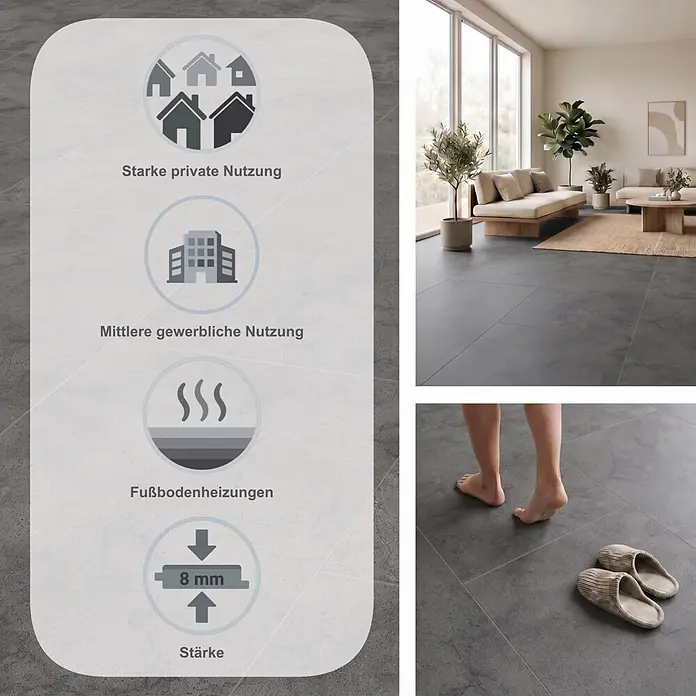 LOGOCLIC Ceramico Laminat - Dark Slate, 638 x 330 x 8 mm - Dunkelgraue Bodenfliesen in modernem Raum, für private und mittlere gewerbliche Nutzung, Fußbodenheizung, 8 mm Stärke.