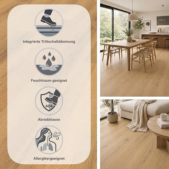 LOGOCLIC Vinto Laminat - Blue Moon, Landhausdiele, 1.288 x 195 x 9 mm - Heller Eichenlaminatboden in einem modernen Zuhause, mit integrierter Trittschalldämmung, feuchtraumgeeignet, Abriebklasse AC4 und allergikerfreundlich.