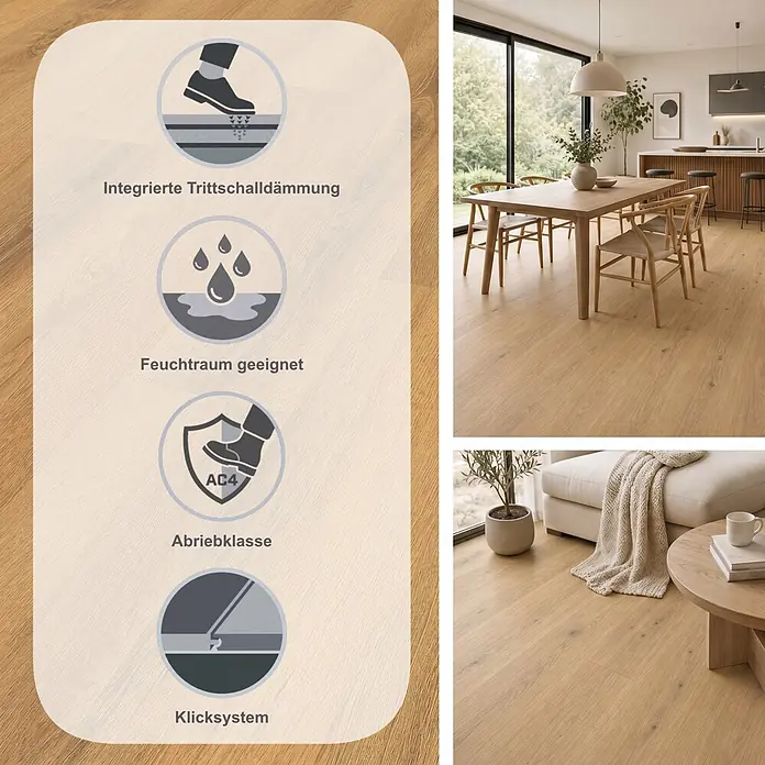 LOGOCLIC Vinto Laminat Silent - Blue Moon, Landhausdiele, 1.288 x 195 x 9 mm - Heller Eichenlaminatboden in einem modernen Zuhause, mit integrierter Trittschalldämmung, feuchtraumgeeignet, Abriebklasse AC4 und allergikerfreundlich.