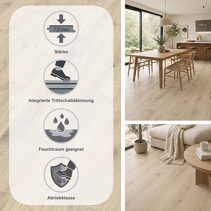 Egger Laminat Aquadura+ - Almington Eiche beige, Landhausdiele, 1.292 x 193 x 7,5 mm - Heller Holzboden in modernen Räumen mit Grafiken zu 7,5 mm Stärke, Trittschalldämmung, Feuchtraumeignung und AC5 Abriebklasse.