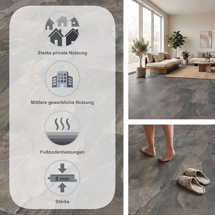 LOGOCLIC Ceramico Laminat Silent - Ceramico, 638 x 330 x 8 mm - Dunkelgraue Bodenfliesen im Schiefer-Look, im Wohnzimmer und mit Füßen gezeigt, 8mm stark, für Privat- und Gewerbenutzung.
