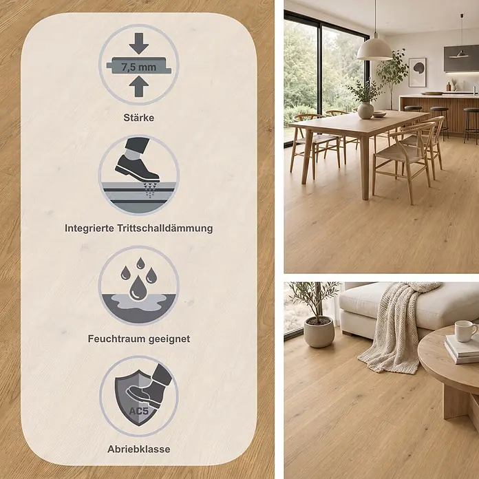 Egger Laminat Aquadura+ - Berdal Eiche natur, Landhausdiele, 1.292 x 193 x 7,5 mm - Heller Holzboden (7,5mm, AC5) mit integrierter Trittschalldämmung und Feuchtraumeignung, in modernen Räumen gezeigt.