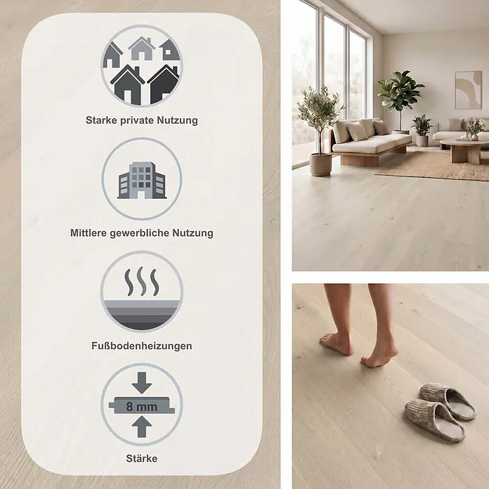 LOGOCLIC Aquaprotect Laminat - Mistery Oak, Landhausdiele, 1.288 x 195 x 8 mm - Heller Holzbodenbelag, 8 mm stark, geeignet für starke private und mittlere gewerbliche Nutzung sowie Fußbodenheizungen.