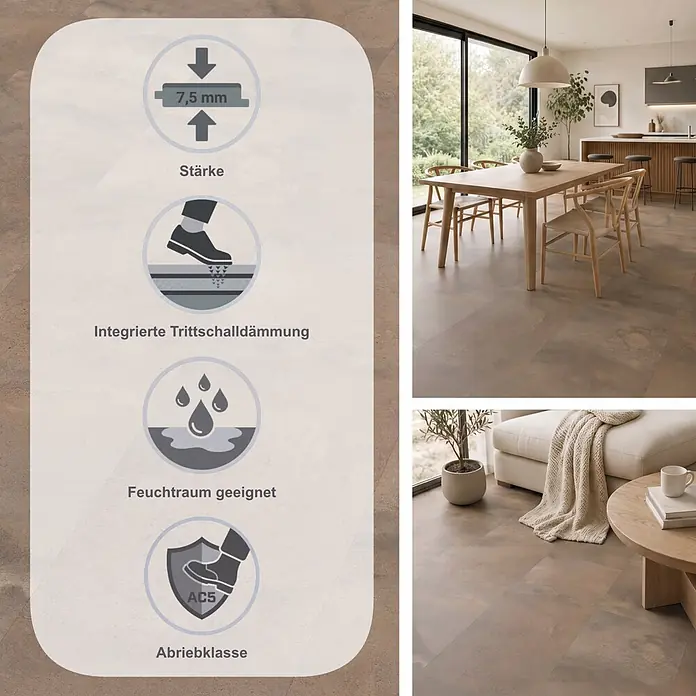 Egger Laminat Aquadura+ - Titanit sandbeige, 1.292 x 327 x 7,5 mm - Braun-grauer Bodenbelag (7,5 mm Stärke) mit integrierter Trittschalldämmung, feuchtraumgeeignet und Abriebklasse AC5. In modernem Wohnraum gezeigt.