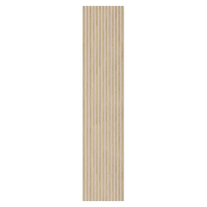 Akustikpaneel - Eiche Light Oak, 2.440 x 520 x 18 mm - Vertikale Wandpaneele aus hellem Holzlamellen mit hellgrauem, strukturiertem Akustikfilz.