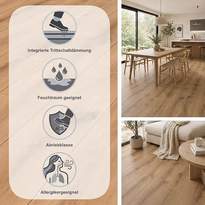 Krono Original Laminat Classic Silent - Golden Vista Oak, Landhausdiele, 1.288 x 195 x 9 mm - Helles, holzfarbenes Fußbodenlaminat in modernem Zuhause, mit Symbolen für Trittschalldämmung, Wasserbeständigkeit und Haltbarkeit.
