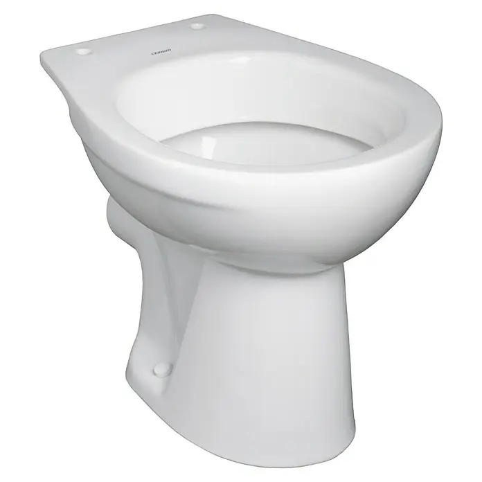 Camargue Sydney Stand-WC - Mit Spülrand, Ohne Spezialglasur, Spülform: Tief, WC Abgang: Waagerecht, Weiß - Diese Aufnahme zeigt eine weiße Standtoilette mit elegantem Design vor schwarzem Hintergrund. Die glatte Oberfläche und Form sind gut sichtbar.