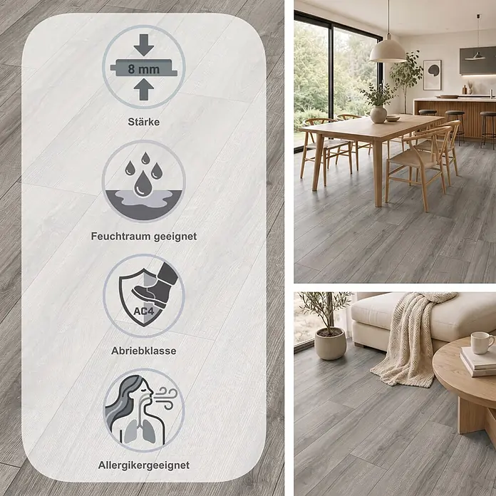 Egger Laminat NatureSense Aqua - Sherman Eiche hellgrau, Landhausdiele, 1.292 x 193 x 8 mm - Grauer Laminatboden mit 8mm Stärke, feuchtraum- und allergikergeeignet, Abriebklasse AC4. Gezeigt in einem modernen Zuhause.