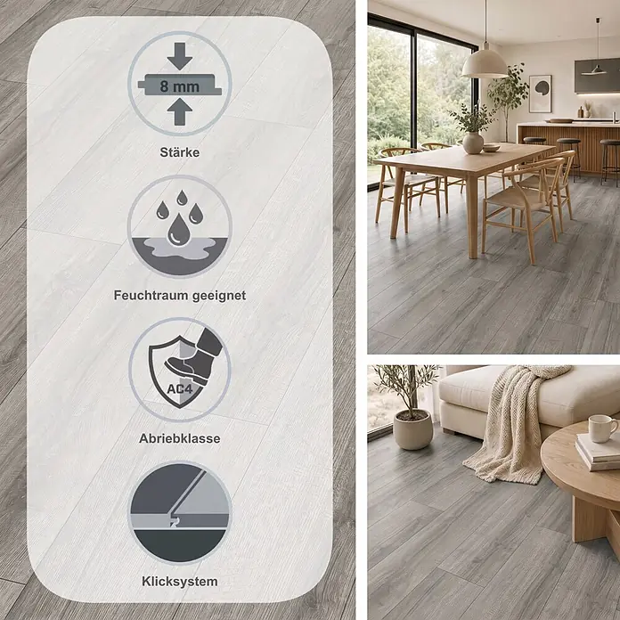 Egger Laminat NatureSense Aqua - Sherman Eiche hellgrau, Landhausdiele, 1.292 x 193 x 8 mm - Grauer Laminatboden mit 8mm Stärke, feuchtraum- und allergikergeeignet, Abriebklasse AC4. Gezeigt in einem modernen Zuhause.