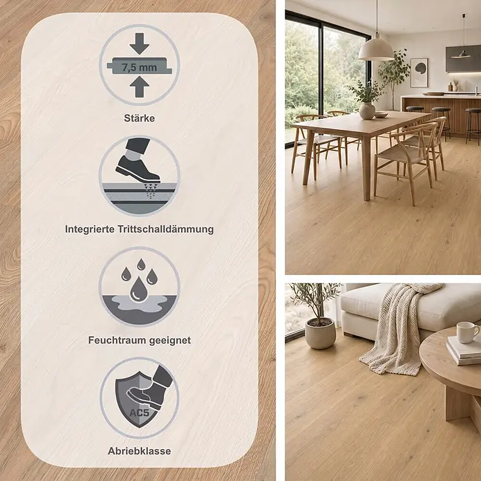 Egger Laminat Aquadura+ - Lana Eiche natur, Landhausdiele, 1.292 x 246 x 7,5 mm - Helles Holzlaminat, 7,5 mm dick, mit integrierter Trittschalldämmung, feuchtraumgeeignet und Abriebklasse AC5, in einem modernen Zuhause.
