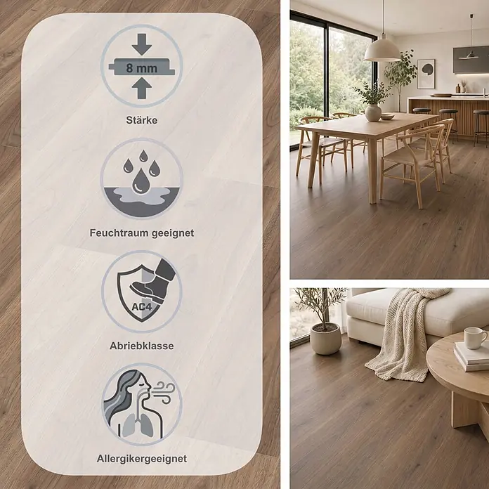 Egger Laminat NatureSense Aqua - Langley Nussbaum hell, Landhausdiele, 1.292 x 193 x 8 mm - Holzboden-Optik mit 8mm Stärke, Abriebklasse AC4, feuchtraum- und allergikergeeignet. Gezeigt in modernen Wohnräumen.