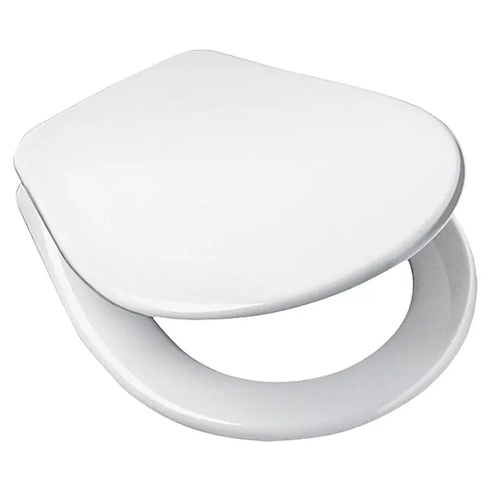 Camargue Sydney WC-Sitz - Duroplast, Weiß, Mit Absenkautomatik, Form WC-Sitz: O-Form - Ein weißer Toilettensitz mit Deckel, der leicht geöffnet ist und die Form und den Glanz des Materials betont.