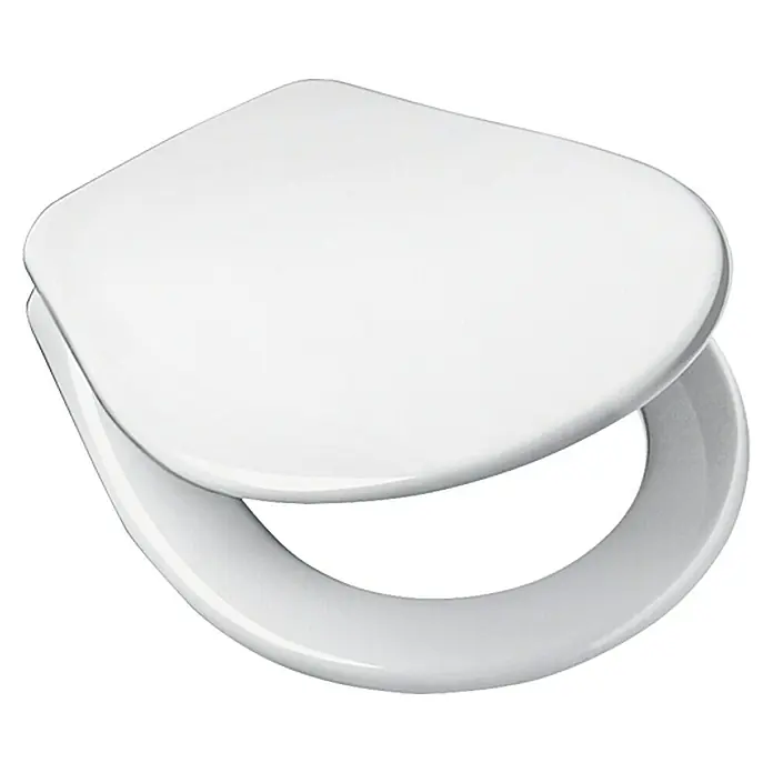 Camargue Sydney WC-Sitz - Duroplast, Weiß, Mit Absenkautomatik, Form WC-Sitz: O-Form - Ein weißer Toilettensitz mit Deckel, der leicht geöffnet ist und die Form und den Glanz des Materials betont.