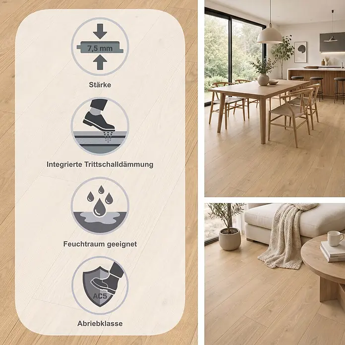 Egger Laminat Aquadura+ - Berdal Eiche hellbraun, Landhausdiele, 1.292 x 193 x 7,5 mm - Helles Eichen-Laminat (7,5mm, AC5, trittschalldämmend, feuchtraumgeeignet) mit Feature-Icons und Anwendungsbeispielen im modernen Zuhause.