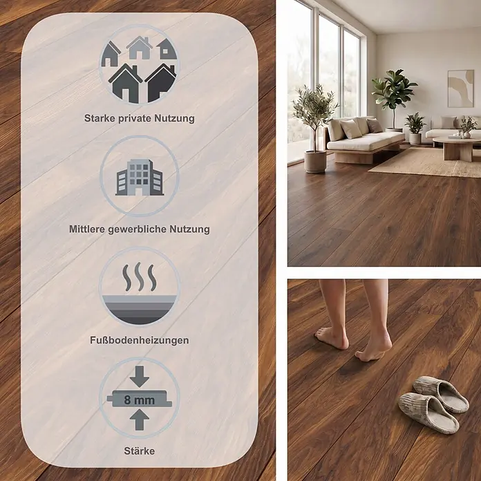 LOGOCLIC Vinto Laminat Classic - Hickory Donada, Landhausdiele, 1.288 x 195 x 8 mm - Dunkelbrauner Holzboden für starke private und mittlere gewerbliche Nutzung, 8mm stark, für Fußbodenheizung geeignet.