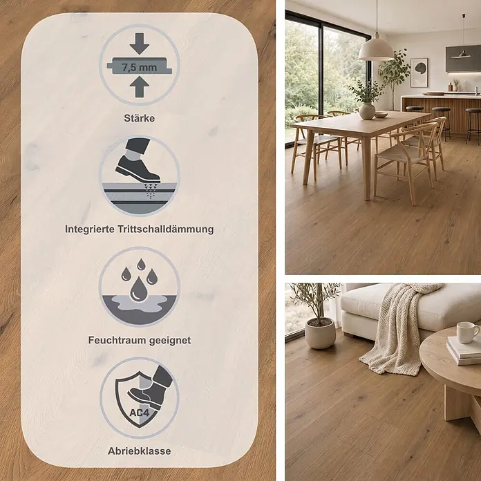 Egger Laminat Aquadura+ - Wildeiche natur, Landhausdiele, 1.292 x 193 x 7,5 mm - Bodenbelag mit heller Holzstruktur und Feature-Icons (7,5 mm Stärke, Trittschalldämmung, Feuchtraum geeignet, AC4), in modernen Wohnräumen als mittelbraune Eiche.