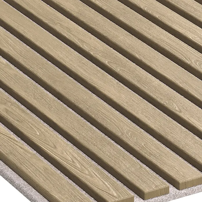 Akustikpaneel - Eiche Light Oak, 2.440 x 520 x 18 mm - Hellbraune Lamellenpaneele in Holzoptik mit Holzmaserung, diagonal durch hellgraues Strukturmaterial getrennt.