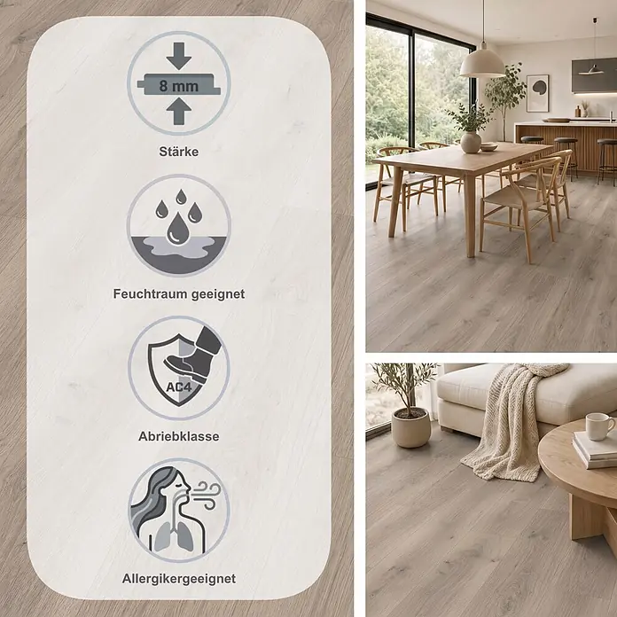 Egger Laminat NatureSense Aqua - Pinot Eiche hellgrau, Landhausdiele, 1.292 x 193 x 8 mm - Hellbrauner Laminatboden, 8 mm dick, Abriebklasse AC4, feuchtraumgeeignet und allergikerfreundlich, in modernen Wohnräumen dargestellt.