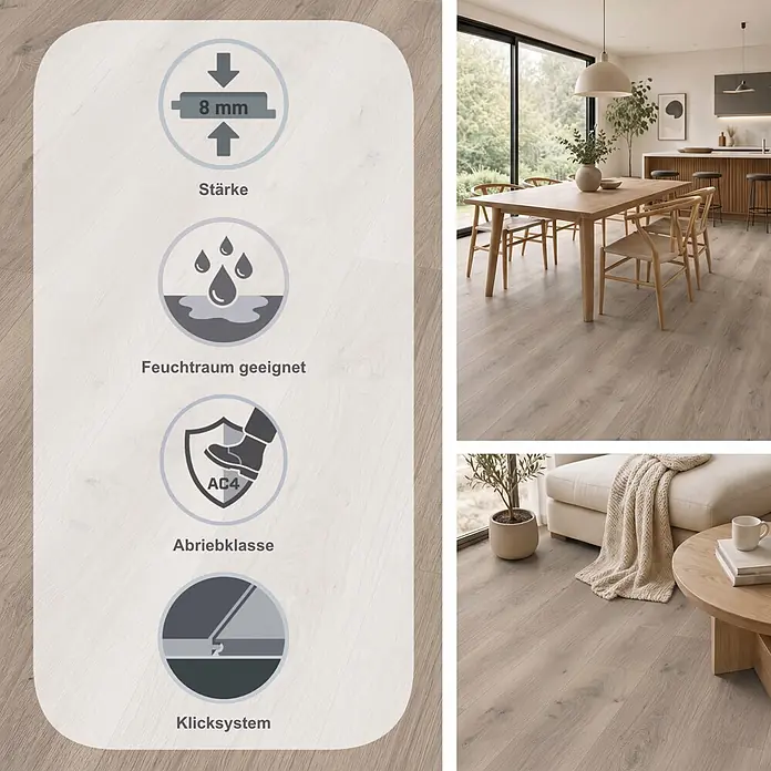 Egger Laminat NatureSense Aqua - Pinot Eiche hellgrau, Landhausdiele, 1.292 x 193 x 8 mm - Hellbrauner Laminatboden, 8 mm dick, Abriebklasse AC4, feuchtraumgeeignet und allergikerfreundlich, in modernen Wohnräumen dargestellt.