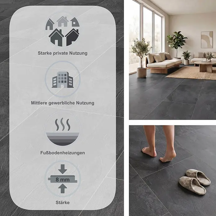 LOGOCLIC Ceramico Laminat - Pearl Grey, 638 x 330 x 8 mm - Dunkelgraue Bodenfliesen in einem modernen Wohnzimmer, mit Eigenschaften wie 8 mm Stärke, Eignung für Privat-/Gewerbenutzung und Fußbodenheizung.