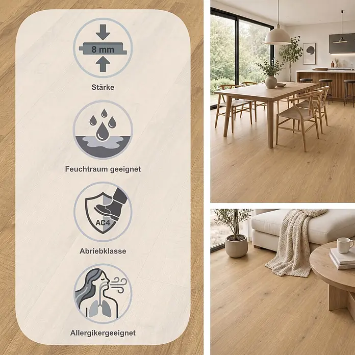 Egger Laminat NatureSense Aqua - Sherman Eiche honig, Landhausdiele, 1.292 x 193 x 8 mm - Heller Laminatboden mit Icons für 8mm Stärke, Feuchtraumeignung, Abriebklasse AC4 und Allergikerfreundlichkeit, in modernen Wohnräumen dargestellt.