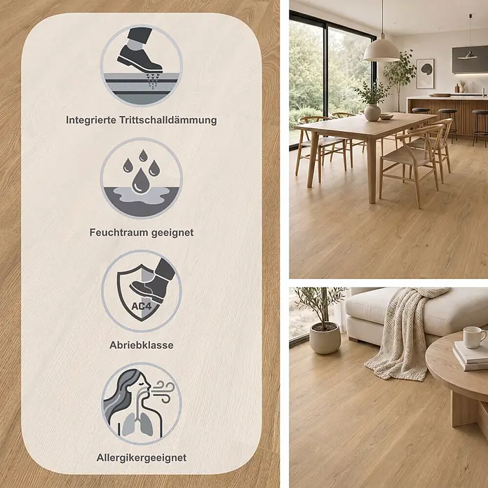 LOGOCLIC Vinto Laminat - Mojito, Landhausdiele, 1.288 x 195 x 9 mm - Heller Holzboden in Wohnräumen, mit Symbolen für Trittschalldämmung, Feuchtraumeignung, Abriebklasse AC4 und Allergikerfreundlichkeit.