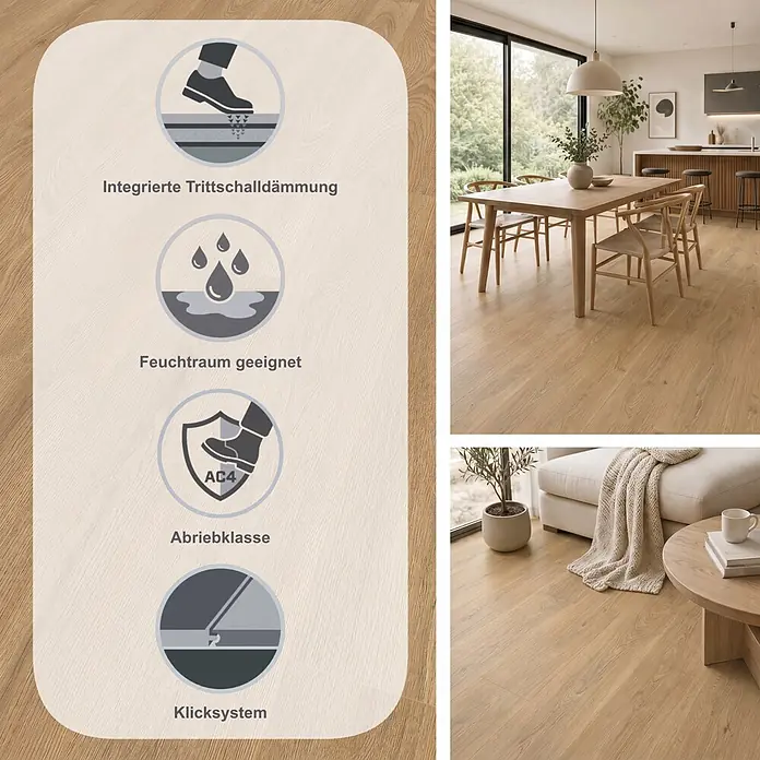 LOGOCLIC Vinto Laminat Silent - Mojito, Landhausdiele, 1.288 x 195 x 9 mm - Heller Holzboden in Wohnräumen, mit Symbolen für Trittschalldämmung, Feuchtraumeignung, Abriebklasse AC4 und Allergikerfreundlichkeit.
