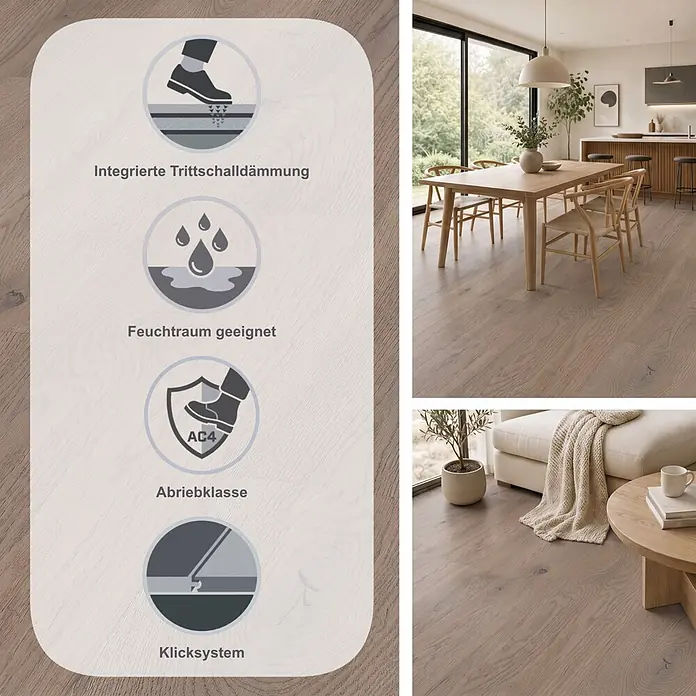 LOGOCLIC Vinto Laminat Silent - Gimlet, Landhausdiele, 1.288 x 195 x 9 mm - Helles Holzparkett mit Trittschalldämmung, Feuchtraumeignung, Abriebklasse AC4, allergikergeeignet, in modernen Wohnräumen.