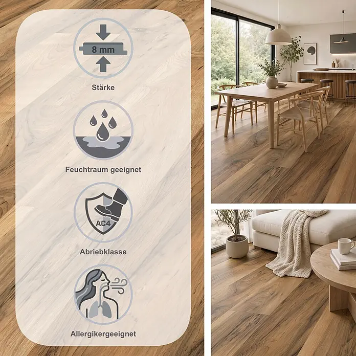 Egger Laminat NatureSense Aqua - Perganti Nussbaum braun, Landhausdiele, 1.292 x 193 x 8 mm - Brauner Holzfußboden mit natürlicher Maserung in Ess- und Wohnzimmern. Symbole zeigen 8mm Stärke, Feuchtraumeignung, AC4-Abriebklasse und Allergikerfreundlichkeit.
