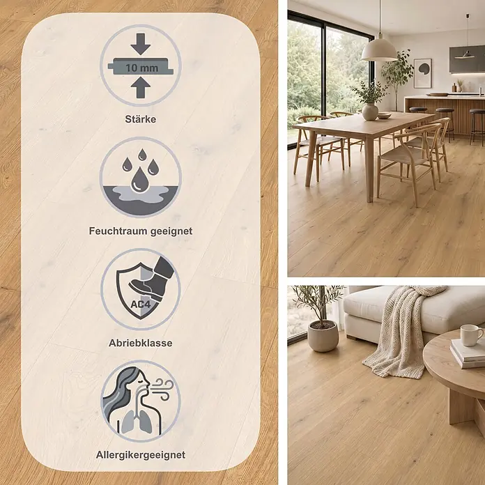 Egger Laminat NatureSense Aqua - Predaia Eiche honig, Landhausdiele, 1.292 x 193 x 10 mm - Helles Laminat in Holzoptik, 10mm dick, Abriebklasse AC4, feuchtraumgeeignet und allergikerfreundlich, in modernen Wohnräumen dargestellt.