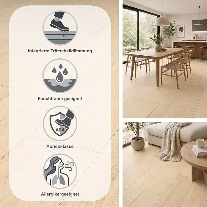 LOGOCLIC Vinto Laminat - Hurricane, Landhausdiele, 1.288 x 195 x 9 mm - Heller Laminatboden in Holzoptik mit Icons für Trittschalldämmung, Feuchtraumeignung, Abriebklasse AC4 und Allergikerfreundlichkeit.