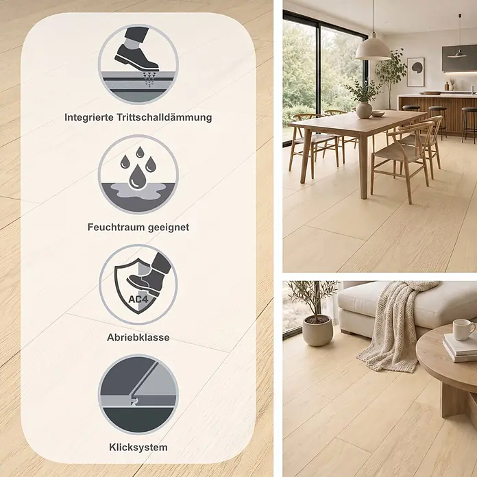 LOGOCLIC Vinto Laminat Silent - Hurricane, Landhausdiele, 1.288 x 195 x 9 mm - Heller Laminatboden in Holzoptik mit Icons für Trittschalldämmung, Feuchtraumeignung, Abriebklasse AC4 und Allergikerfreundlichkeit.