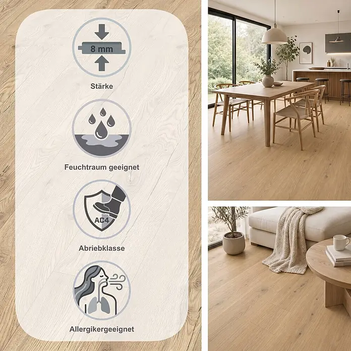 Egger Laminat NatureSense Aqua - Olchon Eiche sandbeige, Landhausdiele, 1.292 x 193 x 8 mm - Helles Laminat in Holzoptik, 8 mm dick, feuchtraumgeeignet, Abriebklasse AC4 und allergikerfreundlich, in Wohnambiente dargestellt.