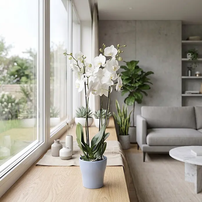 Piardino Schmetterlingsorchidee in Sommerkeramik - Phalaenopsis, Topfgröße: 12 cm, in Farben gemischt, Anzahl Triebe: 2 Stk., Aufrecht - Eine weiße Orchidee in einem hellblauen Topf auf einem hölzernen Fensterbrett in einem hellen Wohnzimmer.