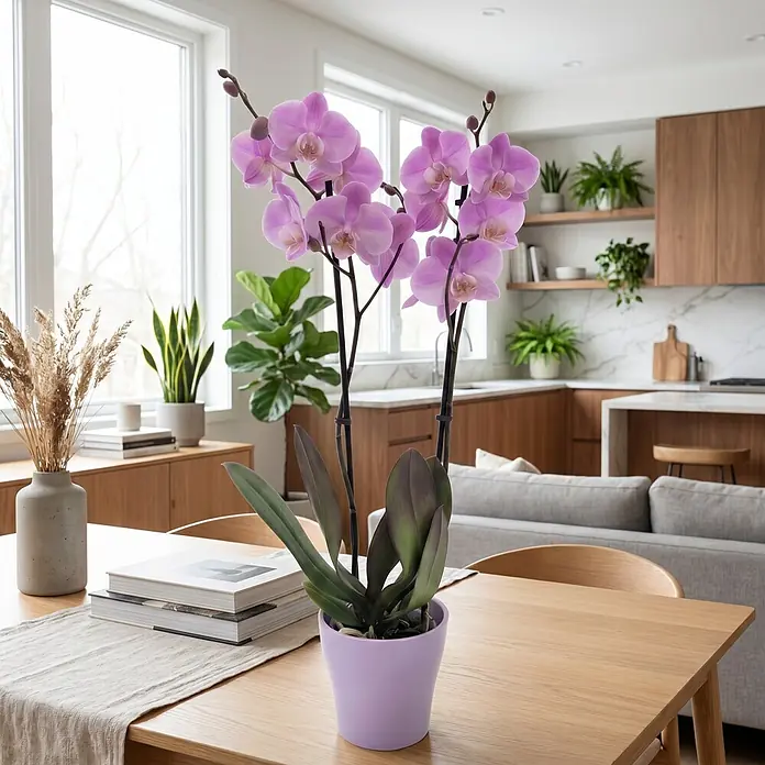 Piardino Schmetterlingsorchidee in Sommerkeramik - Phalaenopsis, Topfgröße: 12 cm, in Farben gemischt, Anzahl Triebe: 2 Stk., Aufrecht - Lila Orchideenpflanze mit grünen Blättern in einem hellvioletten Topf auf einem hellen Holztisch.
