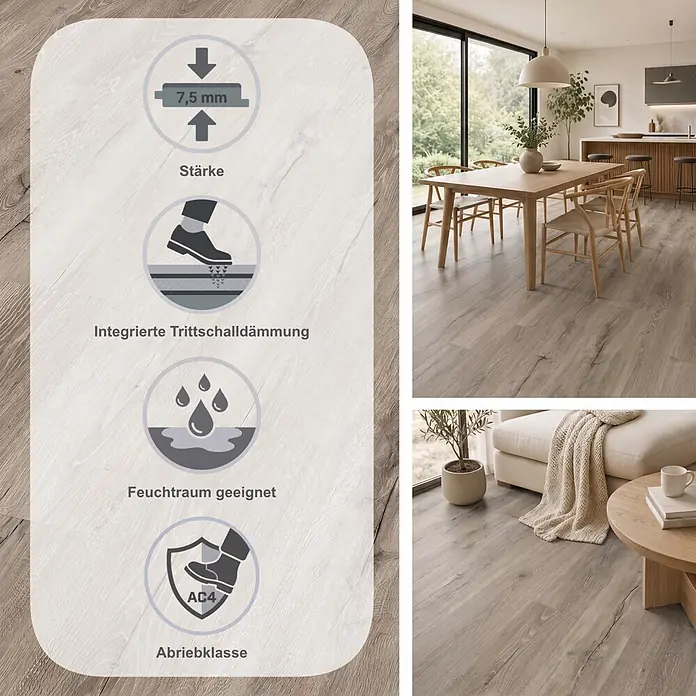 Egger Laminat Aquadura+ - Panora Eiche grau, Landhausdiele, 1.292 x 193 x 7,5 mm - Heller Laminatboden (7,5 mm, AC4) mit integrierter Trittschalldämmung und Feuchtraumeignung. Abgebildet in Ess- und Wohnbereichen.