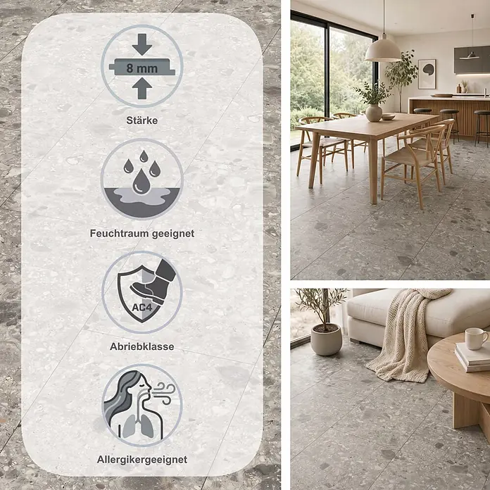 Egger Laminat NatureSense Aqua - Triestino Terrazzo grau, 1.292 x 327 x 8 mm - Terrazzo-Bodenbelag, 8mm stark, feuchtraumgeeignet, Abriebklasse AC4, allergikerfreundlich.