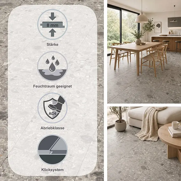 Egger Laminat NatureSense Aqua - Triestino Terrazzo grau, 1.292 x 327 x 8 mm - Terrazzo-Bodenbelag, 8mm stark, feuchtraumgeeignet, Abriebklasse AC4, allergikerfreundlich.