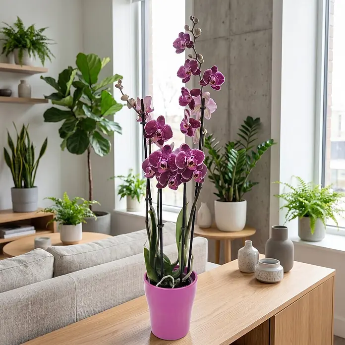 Piardino Schmetterlingsorchidee in Sommerkeramik - Phalaenopsis, Topfgröße: 12 cm, in Farben gemischt, Anzahl Triebe: 2 Stk., Aufrecht - Eine leuchtend tiefviolette Orchideenpflanze in einem pinken Topf steht auf einem hellen Holztisch in einem hellen Wohnzimmer.