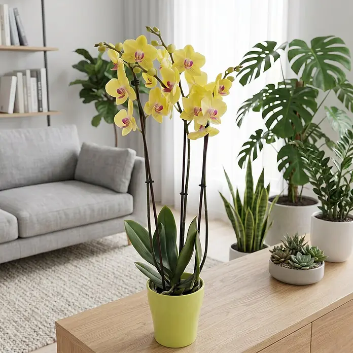 Piardino Schmetterlingsorchidee in Sommerkeramik - Phalaenopsis, Topfgröße: 12 cm, in Farben gemischt, Anzahl Triebe: 2 Stk., Aufrecht - Eine leuchtend gelbe Orchidee mit rosa Mitte in hellgrünem Topf, auf einem Holztisch in einem modernen Wohnzimmer.