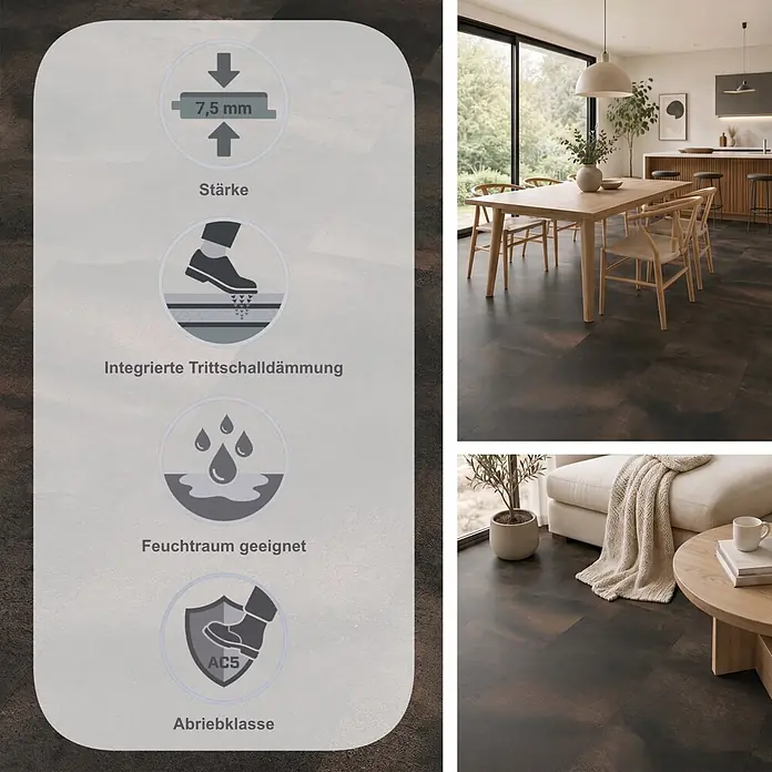 Egger Laminat Aquadura+ - Titanit anthrazit, 1.292 x 327 x 7,5 mm - Dunkler, strukturierter Bodenbelag, 7,5 mm stark, mit integrierter Trittschalldämmung. Abriebklasse AC5, feuchtraumgeeignet, in modernen Räumen gezeigt.