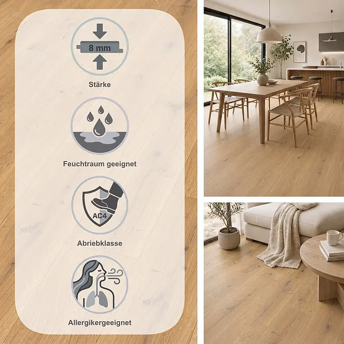 Egger Laminat NatureSense Aqua - Predaia Eiche honig, Landhausdiele, 1.292 x 193 x 8 mm - Heller Laminatboden in Holzoptik, 8mm stark, AC4 Abriebklasse, feuchtraumgeeignet und allergikerfreundlich. Präsentiert in modernen Wohnräumen.