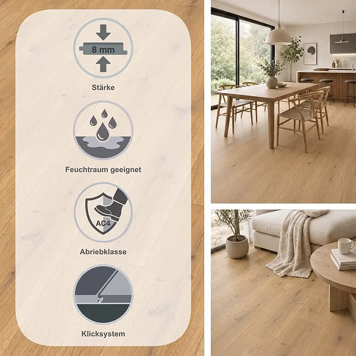 Egger Laminat NatureSense Aqua - Predaia Eiche honig, Landhausdiele, 1.292 x 193 x 8 mm - Heller Laminatboden in Holzoptik, 8mm stark, AC4 Abriebklasse, feuchtraumgeeignet und allergikerfreundlich. Präsentiert in modernen Wohnräumen.