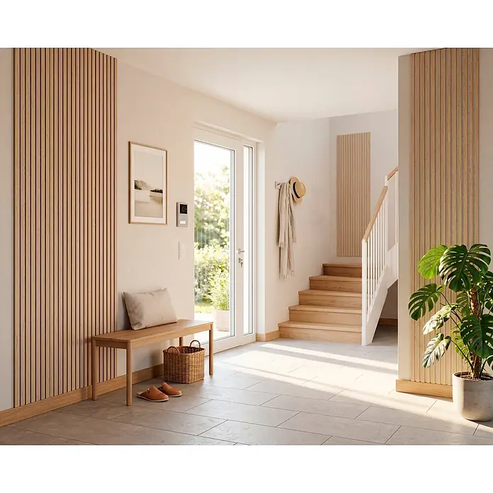 Akustikpaneel - Eiche Light Oak, 2.440 x 520 x 18 mm - Vertikale Akustikpaneele aus Naturholzlamellen an einer Wand in einem modernen Eingangsbereich, die Wärme und Struktur bieten.